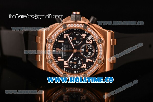 Audemars Piguet Royal Oak Offshore Miyota OS20 Quartz Rose Gold Case with Black Dial and White Arabic Numeral Markers - Diamonds Bezel (EF) - Click Image to Close